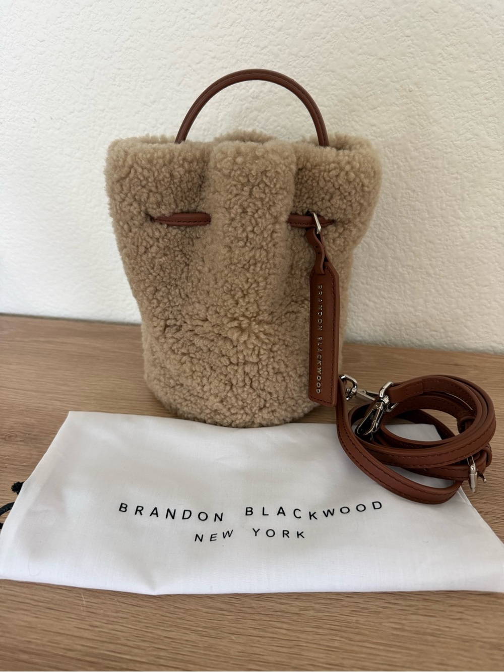 Brandon Blackwood Tan Shearling Kamal Mini Bucket Bag with Brown Leather Trim